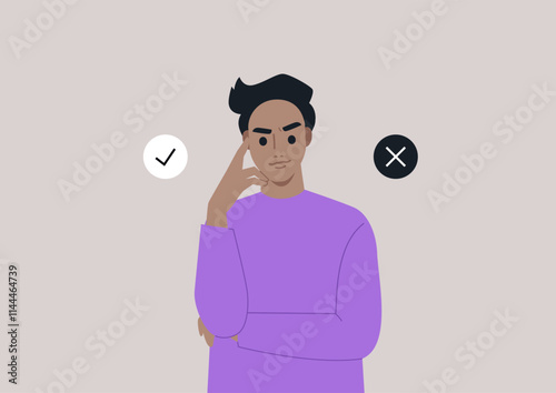 Individual stands in a minimalist space, hand to chin, contemplating decisions while surrounded by symbols indicating approval and disapproval, suggesting decision-making processes