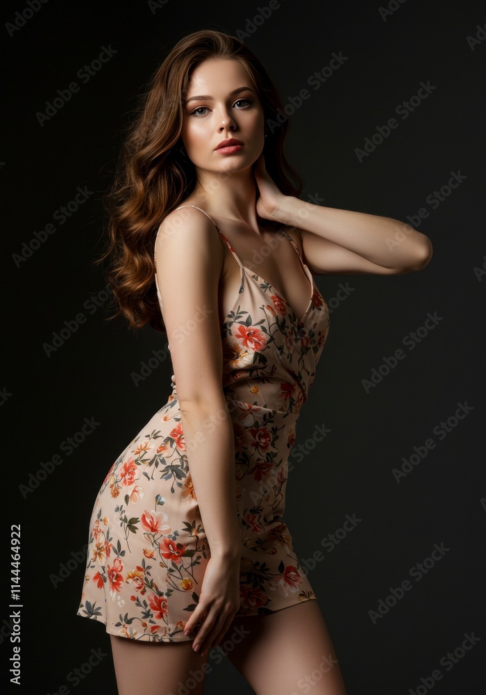 Attractive woman with an hourglass figure wearing a sheer floral sundress, posing gracefully in a studio, highlighting beauty, grace, and feminine allure. Attractive woman with an hourglass figure wearing a sheer floral sundress, posing gracefully in a studio, highlighting beauty, grace, and feminine allure.