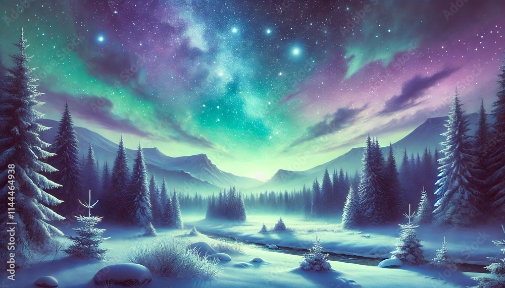 Serene Winter Scene with Mystical Starry Sky in Purple, Green, and Blue Hues Over Snowy Forest and Mountains in a Pastel Fantasy Setting Serene Winter Scene with Mystical Starry Sky in Purple, Green, and Blue Hues Over Snowy Forest and Mountains in a Pastel Fantasy Setting