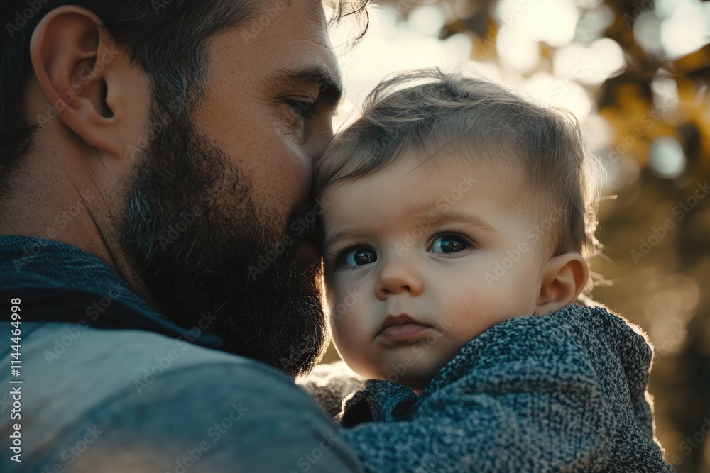 A tender moment between a father and his newborn baby, showing affection through gentle touches. A tender moment between a father and his newborn baby, showing affection through gentle touches.