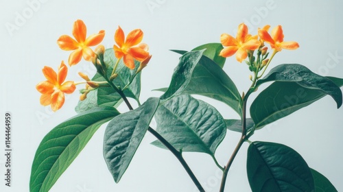 close up of orange crossandra flowers with green leaves photo