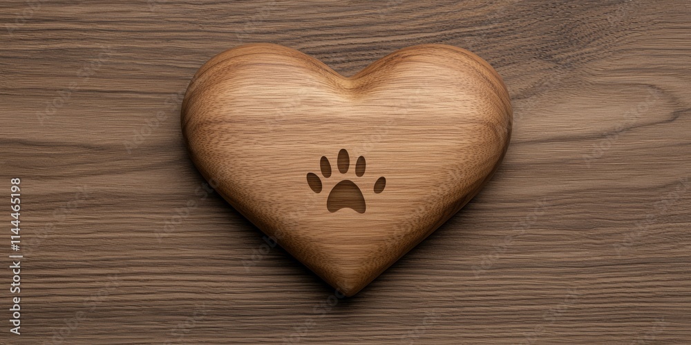 A wooden heart with a paw print carved in the center, symbolizing love for pets and nature. A wooden heart with a paw print carved in the center, symbolizing love for pets and nature.
