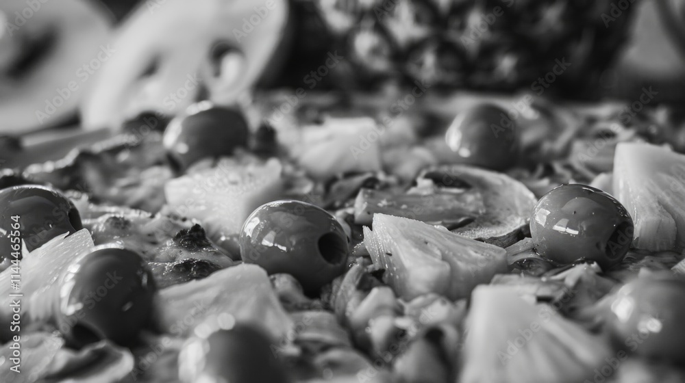 Close-up of a pizza with olives, anchovies and capers as toppings. Close-up of a pizza with olives, anchovies and capers as toppings.