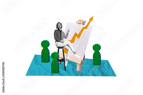 Composite photo collage of happy businesswoman sit stool point easel arrow development wooden figurine isolated on painted background photo