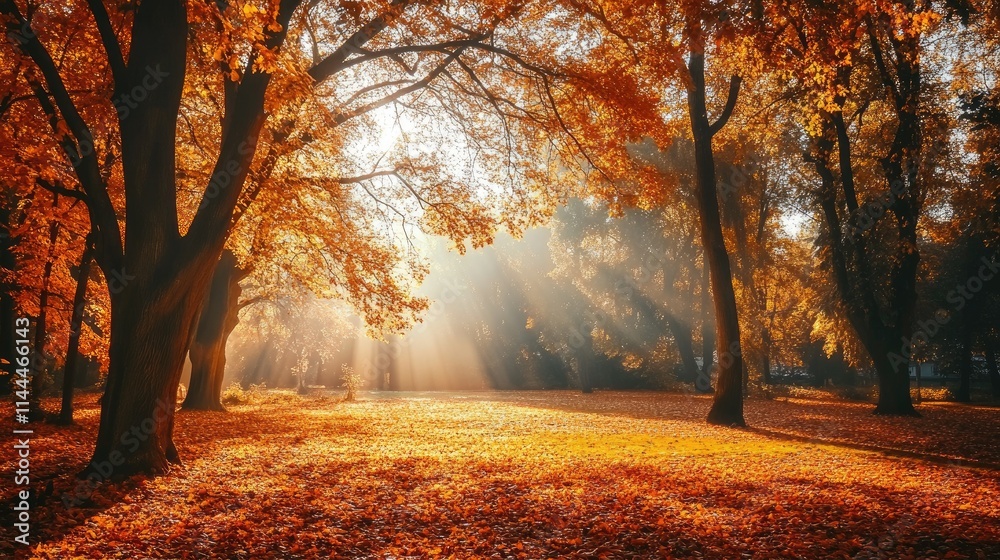 Obraz premium Majestic Autumn Forest with Sunlight Filtering Through Trees