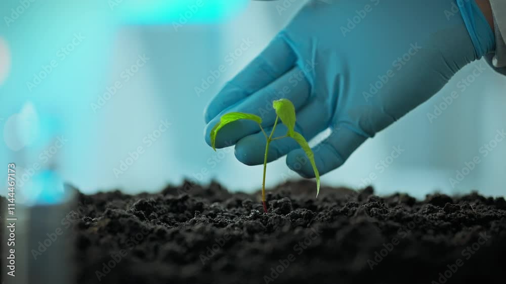 A scientist gently touches a small green plant sprouting from dark soil in a controlled laboratory environment. The focus is on nurturing growth in a precise scientific context