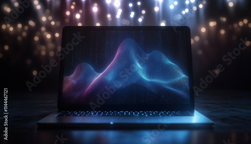 Visual representation of sound waves on a modern laptop against a blurred background