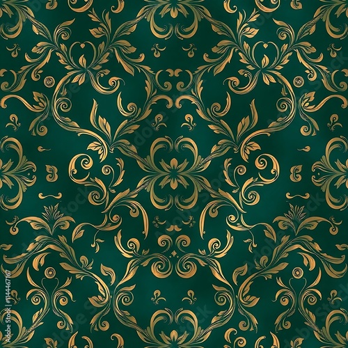 Emerald and Gold Damask Pattern: A luxurious seamless pattern of intricate, gold-gilded foliage against a rich emerald green backdrop. Perfect for creating elegant and sophisticated designs. 