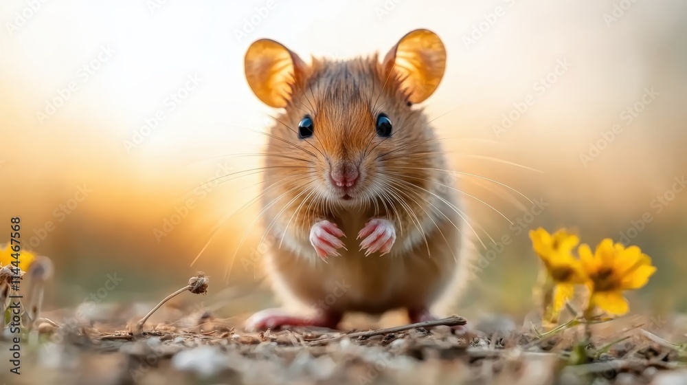 A charming mouse with large ears and bright eyes poses adorably in a natural setting, surrounded by small yellow flowers and soft, warm lighting. A charming mouse with large ears and bright eyes poses adorably in a natural setting, surrounded by small yellow flowers and soft, warm lighting.