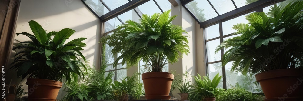 Fototapeta premium High ceiling with skylight and lush greenery in a large potted plant, natural light, airy space, high ceiling
