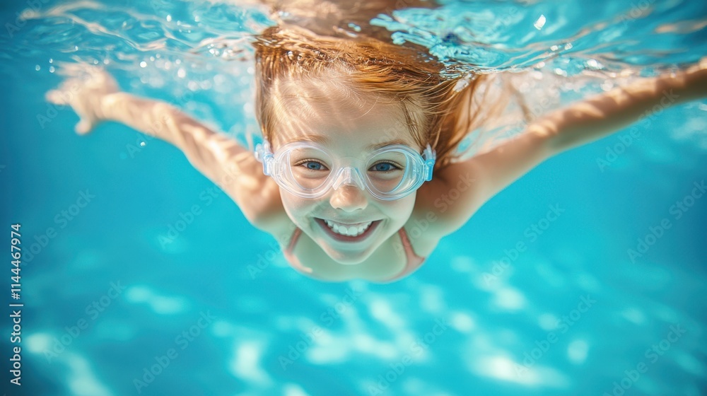 Naklejka premium Young Girl Swimming Underwater in Bright Sunny Pool Water