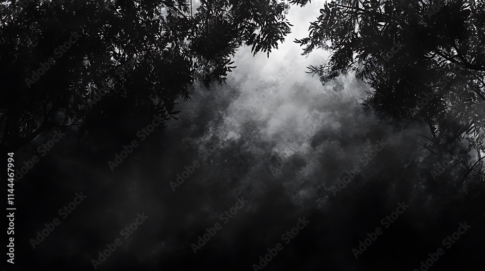 A dark, moody background featuring a misty forest with tall, shadowy trees and soft light filtering through the branches. A dark, moody background featuring a misty forest with tall, shadowy trees and soft light filtering through the branches.