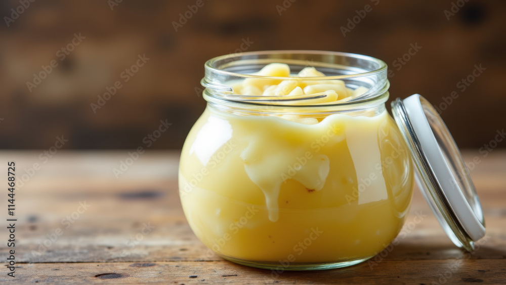 A jar filled with homemade beef tallow sitting on a wooden surface. A jar filled with homemade beef tallow sitting on a wooden surface.