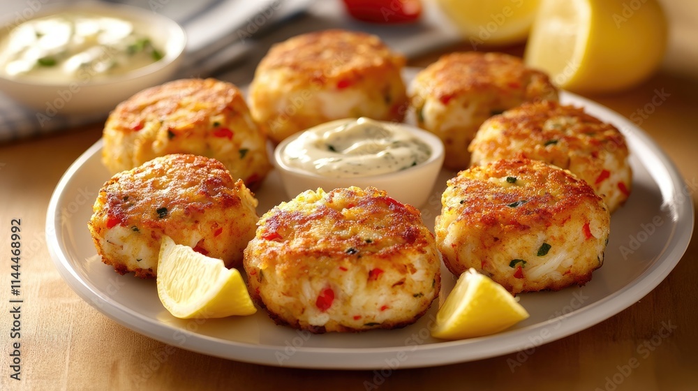 Delicious Homemade Crab Cakes with Sauce and Lemon Garnish