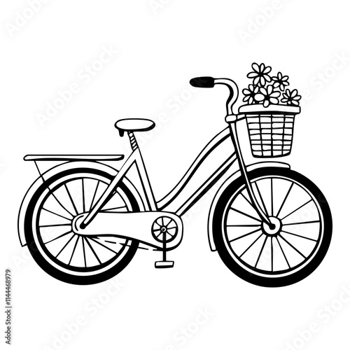 Doodle bicycle with a front basket filled with flowers. Hand drawn bike with wheels, a rear rack, and a classic frame design.