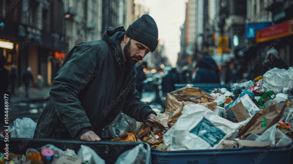 Homeless man searching through trash in urban city setting Homeless man searching through trash in urban city setting