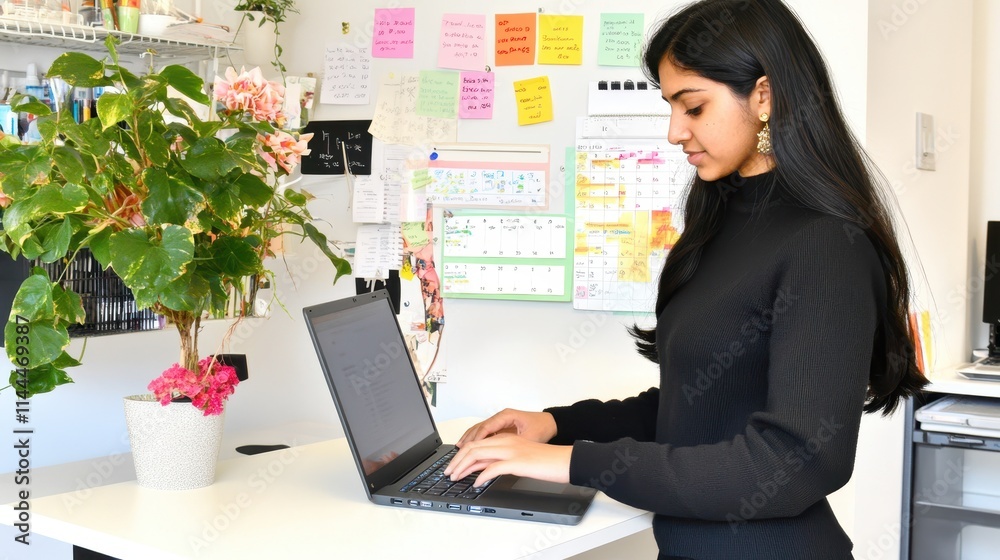 A professional woman in a black outfit and headphones works on a laptop at a modern home office surrounded by plants, representing remote work, focus, and productivity. A professional woman in a black outfit and headphones works on a laptop at a modern home office surrounded by plants, representing remote work, focus, and productivity.