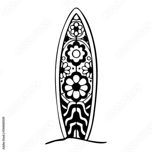 Doodle surfboard with intricate floral and abstract wave patterns. Hand drawn board with symmetrical design and bold artistic details.
