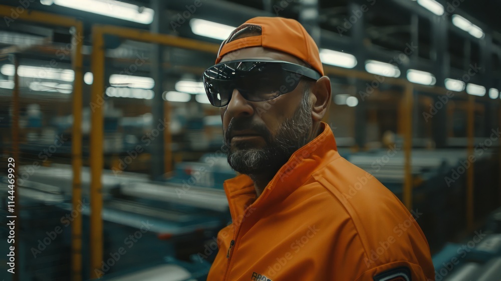 Industrial action scene featuring worker in neon orange warehouse environment cinematic style urban setting