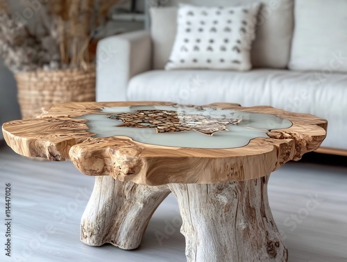 Wallpaper Mural Rustic Wood Coffee Table with Resin Inlay in Cozy Living Room Interior Torontodigital.ca