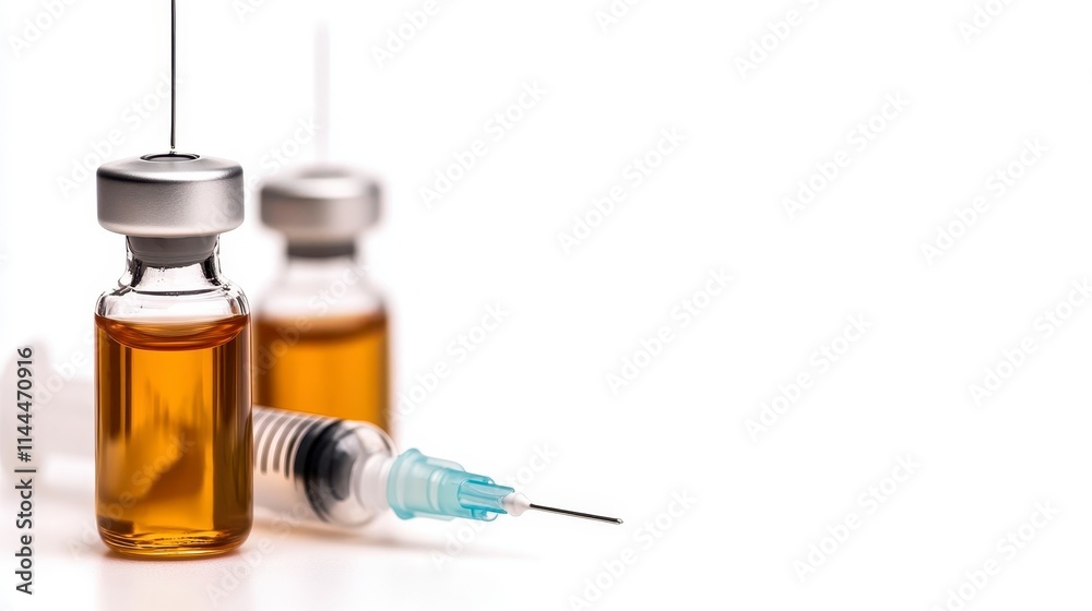 A close-up of medical vials filled with amber liquid and a syringe, representing vaccination or medication preparation. A close-up of medical vials filled with amber liquid and a syringe, representing vaccination or medication preparation.