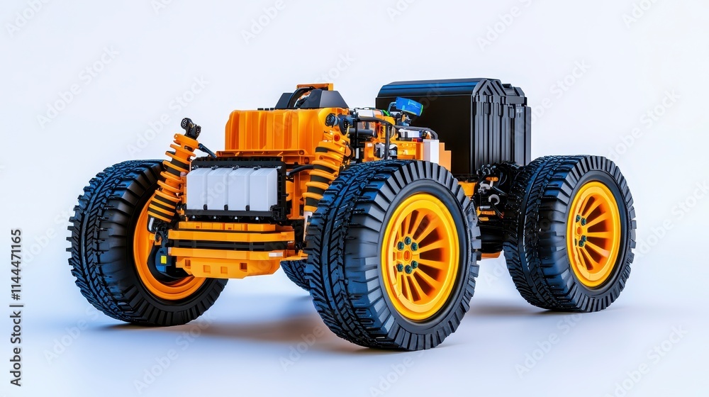 A vibrant, detailed model of a remote-controlled car features large tires and a striking yellow and black color scheme. A vibrant, detailed model of a remote-controlled car features large tires and a striking yellow and black color scheme.