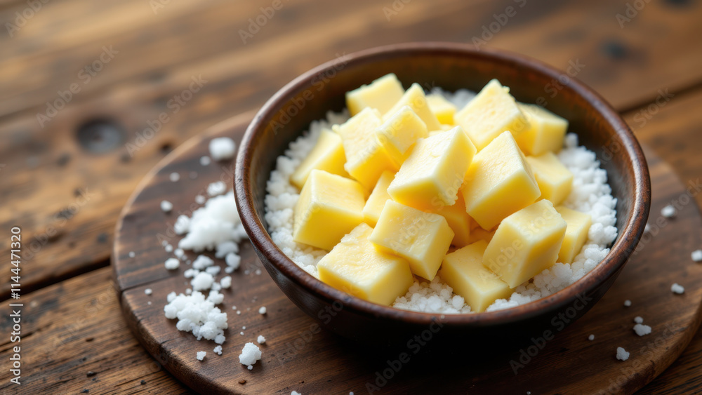 A bowl full of cubed butter sitting on a wooden surface with salt sprinkled nearby.