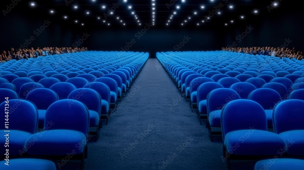 Naklejka premium Empty Blue Auditorium Seats Fashion Show Catwalk Cinematic Lighting