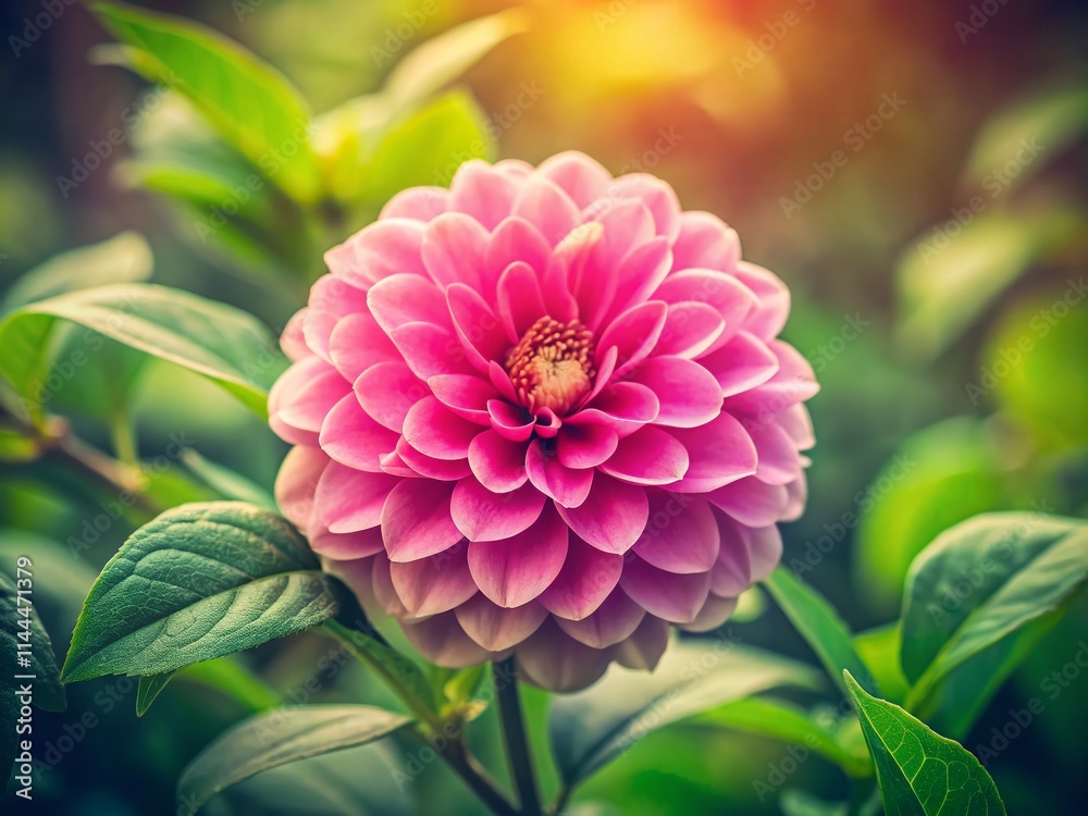 Obraz premium Vintage Pink Flower Green Leaves Photography - Retro Floral Image, Botanical Still Life, Bloom, Nature