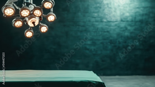 Surgical lights cast a focused beam on an empty operating table, emphasizing the sterile and precise nature of a hospital's medical environment. photo