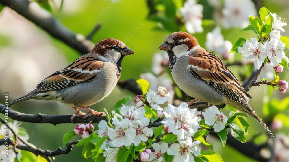 Two Sparrows Perched Among Blossoming Cherry Tree Flowers Two Sparrows Perched Among Blossoming Cherry Tree Flowers