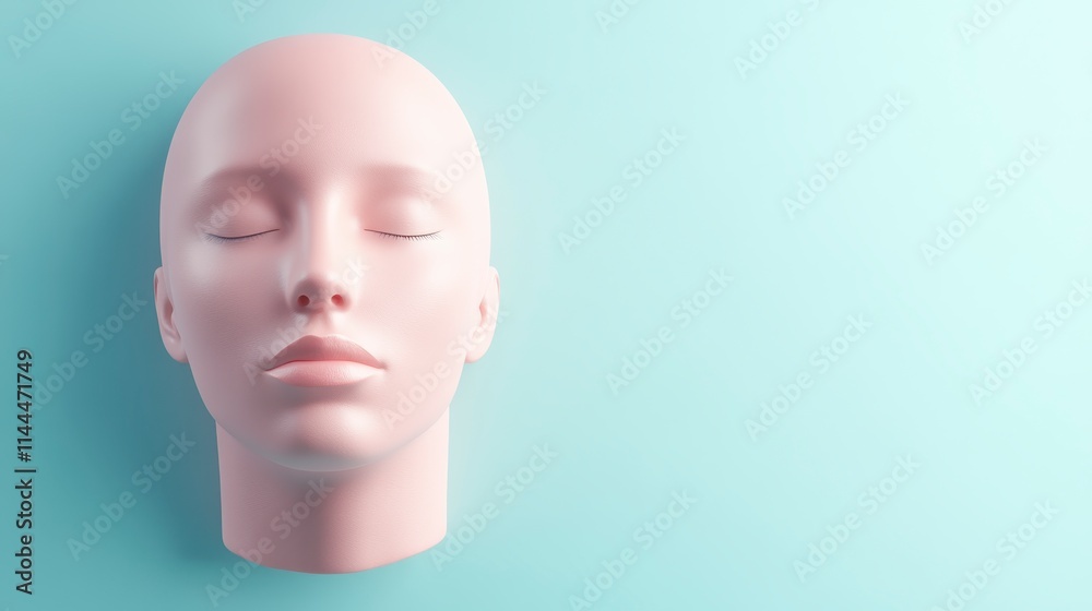 A minimalist mannequin head against a soft blue background, showcasing a serene expression and smooth textures.
