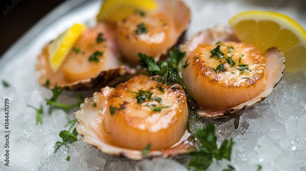 Freshly Grilled Scallops Served on Ice with Lemon Garnish Freshly Grilled Scallops Served on Ice with Lemon Garnish