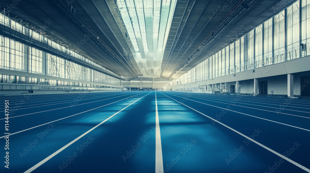 Indoor athletic stadium with blue running track and sunlight Indoor athletic stadium with blue running track and sunlight