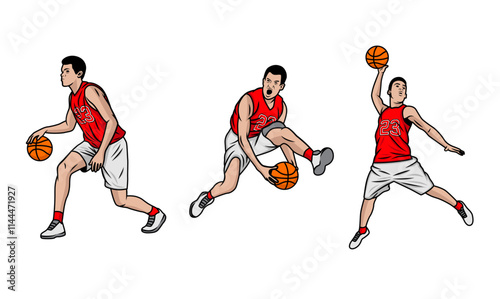 Basketball players illustration vector. Group of basketball players in different playing positions. basketball players team in uniform with ball isolated on white background