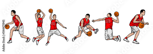 Basketball players illustration vector. Group of basketball players in different playing positions. basketball players team in uniform with ball isolated on white background