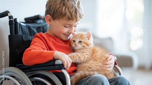 Young boy in wheelchair enjoys cuddling a playful kitten indoors. Happy boy wearing a red sweater sits in wheelchair, smiling while holding an orange kitten. photo