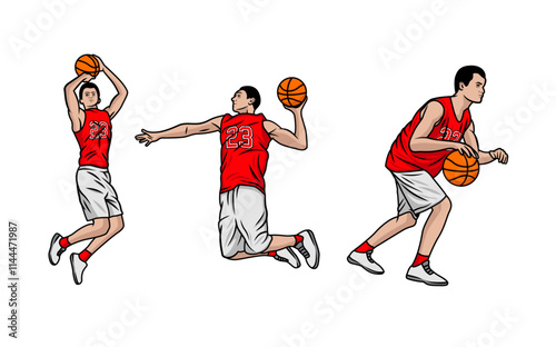 Basketball players illustration vector. Group of basketball players in different playing positions. basketball players team in uniform with ball isolated on white background