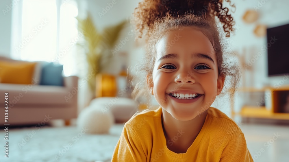 Bright smile of a young girl in a cozy living room setting. A cheerful girl wearing a yellow shirt is smiling widely in a cozy room. Bright smile of a young girl in a cozy living room setting. A cheerful girl wearing a yellow shirt is smiling widely in a cozy room.