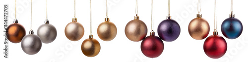 Colorful Christmas ornaments hanging in festive arrangement against a clear background.