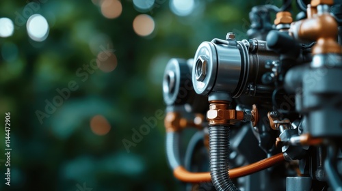 A close-up of a sophisticated machine engine showcasing intricate parts and industrial design elements, representing precision engineering and technological advancement.