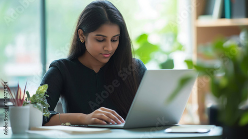 Young Indian woman focused on work in a modern office environment. Young Indian woman engaged in tasks on a laptop in an office space with greenery.