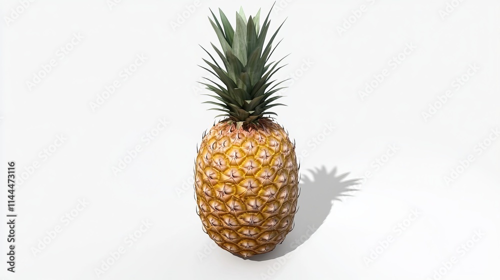 Pineapple: A whole, ripe pineapple with a spiky green crown and golden yellow skin, isolated against a white background. Pineapple: A whole, ripe pineapple with a spiky green crown and golden yellow skin, isolated against a white background.