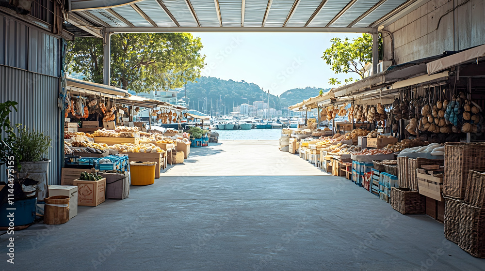 Fototapeta premium Sydney Harbor Market with artisanal crafts and seafood stalls, scenic Australian retreat