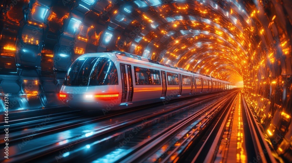 Futuristic train in a glowing tunnel.