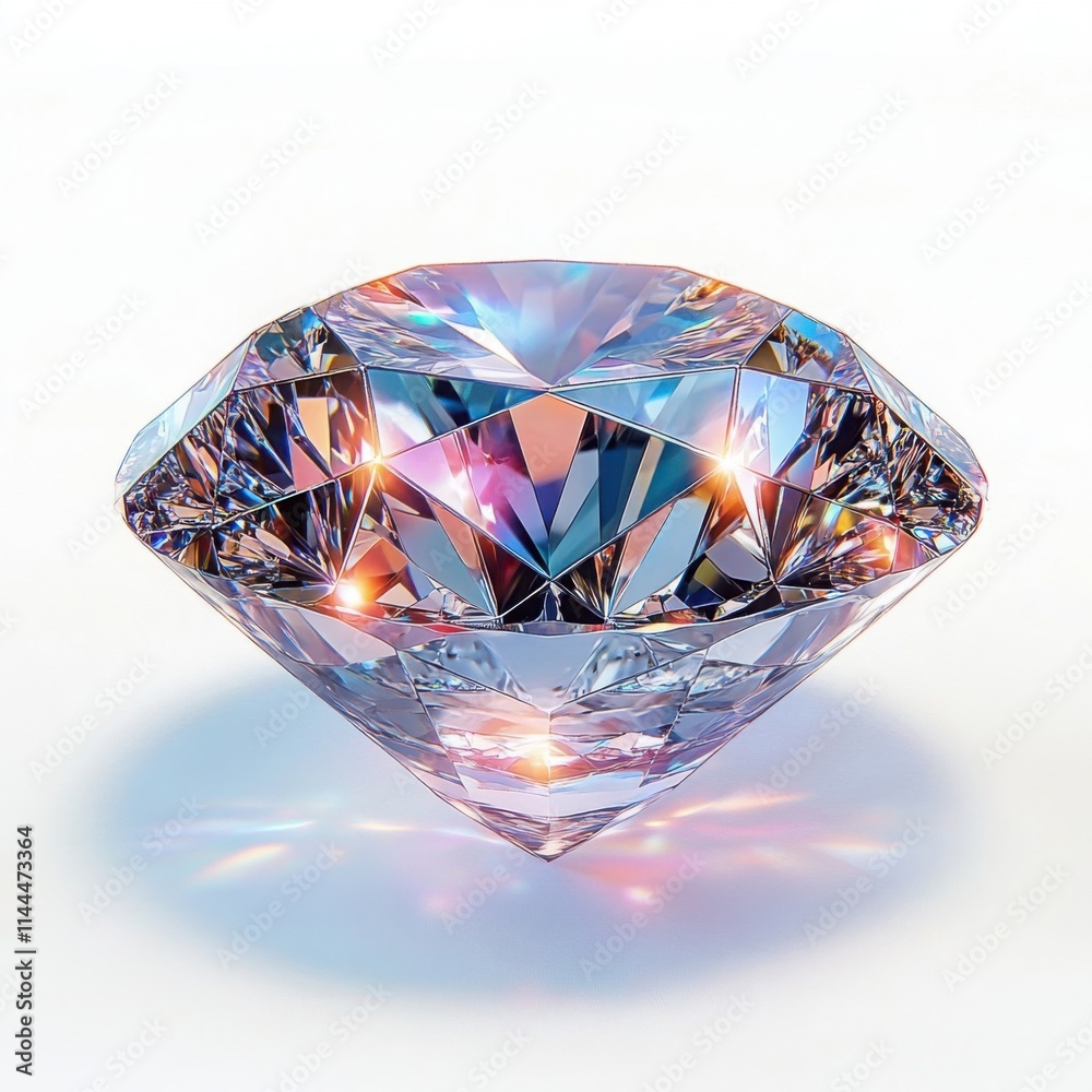 Stunning Close-Up of a Brilliant Diamond Gemstone Sparkling with Colorful Light Reflections on a Soft White Background for Luxury and Elegance Themes Stunning Close-Up of a Brilliant Diamond Gemstone Sparkling with Colorful Light Reflections on a Soft White Background for Luxury and Elegance Themes