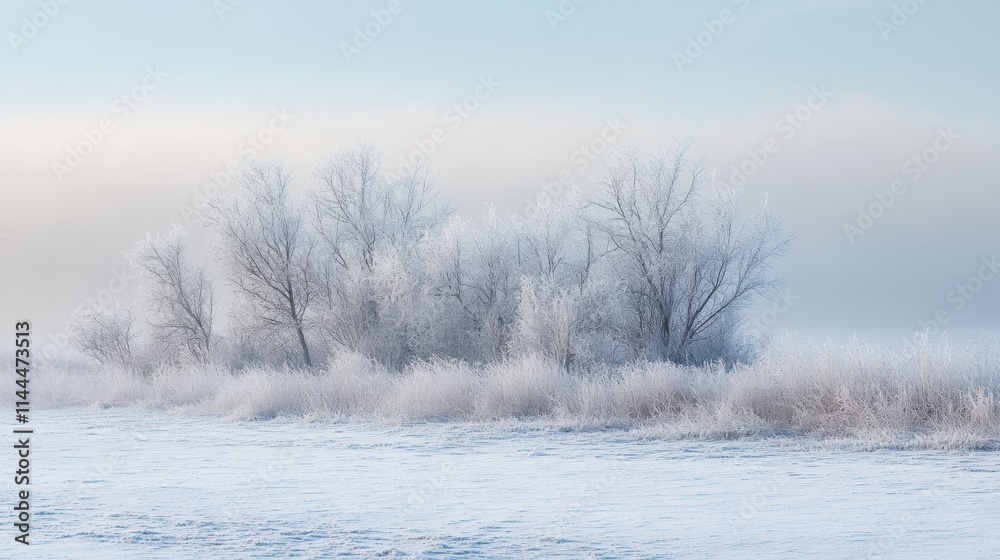 Frosted white trees and snowy fields softly veiled in morning mist, with delicate hues of pale blue and gray creating an ethereal winter landscape filled with calm serenity. Frosted white trees and snowy fields softly veiled in morning mist, with delicate hues of pale blue and gray creating an ethereal winter landscape filled with calm serenity.