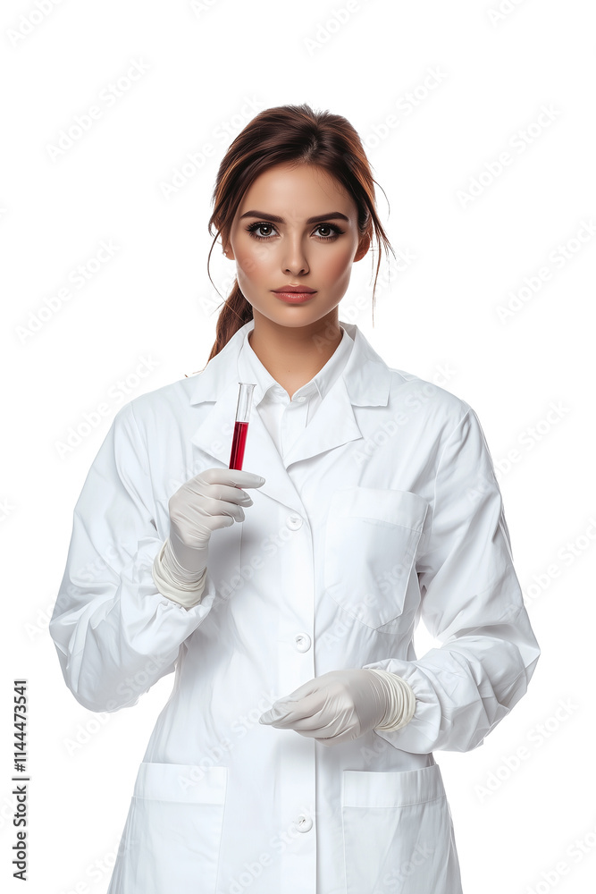 serious female scientist in lab coat holding test tube with red liquid, wearing gloves, and standing confidently in laboratory setting serious female scientist in lab coat holding test tube with red liquid, wearing gloves, and standing confidently in laboratory setting