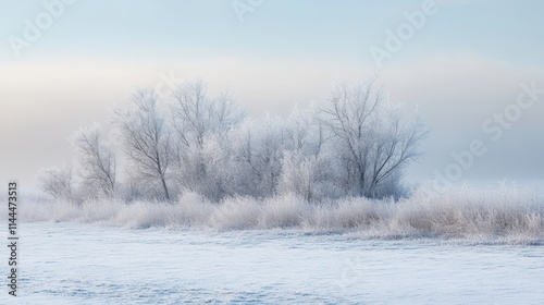 Frosted white trees and snowy fields softly veiled in morning mist, with delicate hues of pale blue and gray creating an ethereal winter landscape filled with calm serenity.