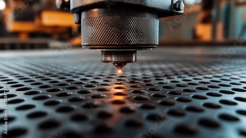 An intense image of a laser cutting machine focusing on a perforated metal sheet, highlighting industrial precision and advanced technology. Sparks fly in creation. photo